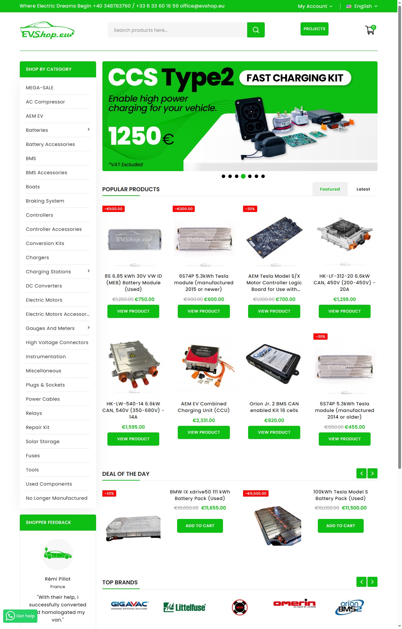 Captură reală a site-ului evshop.eu — magazin online piese EV